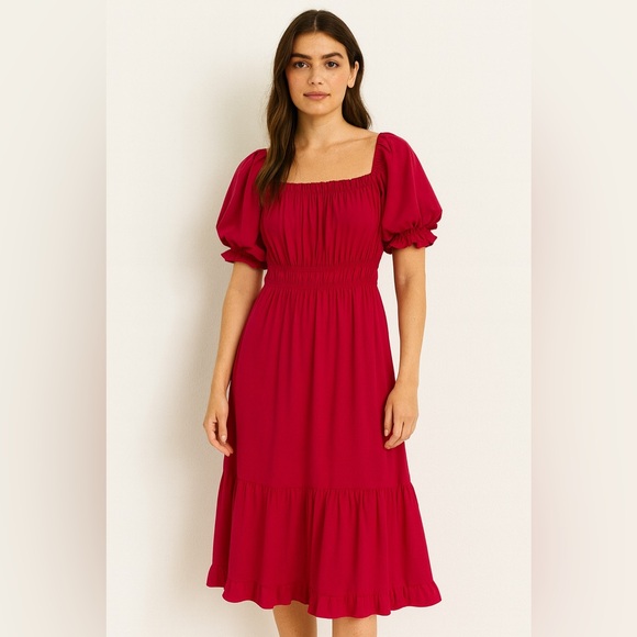 indigo Rose Dresses & Skirts - Indigo Rose Hot Pink Milkmaid Smocked Tiered Midi Dress